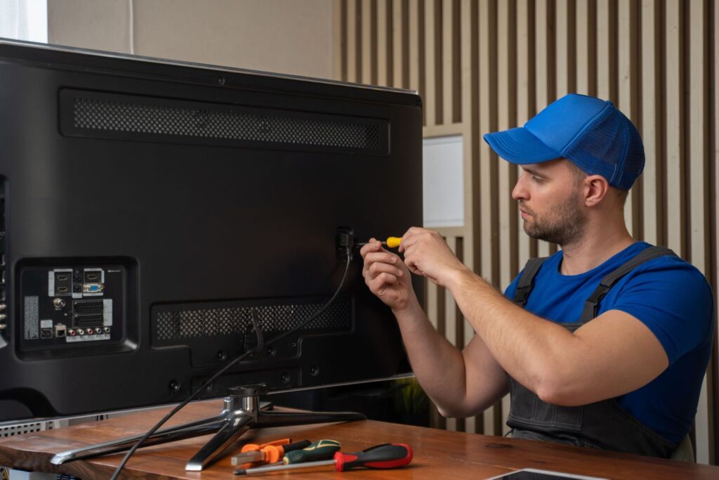 The Importance of Professional AV Installation: Avoiding Common Pitfalls 9 master-blue-tshirt-smiles-after-repairing-tv-set-connector-with-screwdriver-sitting-table_1