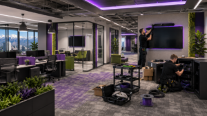 Home 60 AV technicians installing commercial audio visual equipment in a modern Denver office buildout