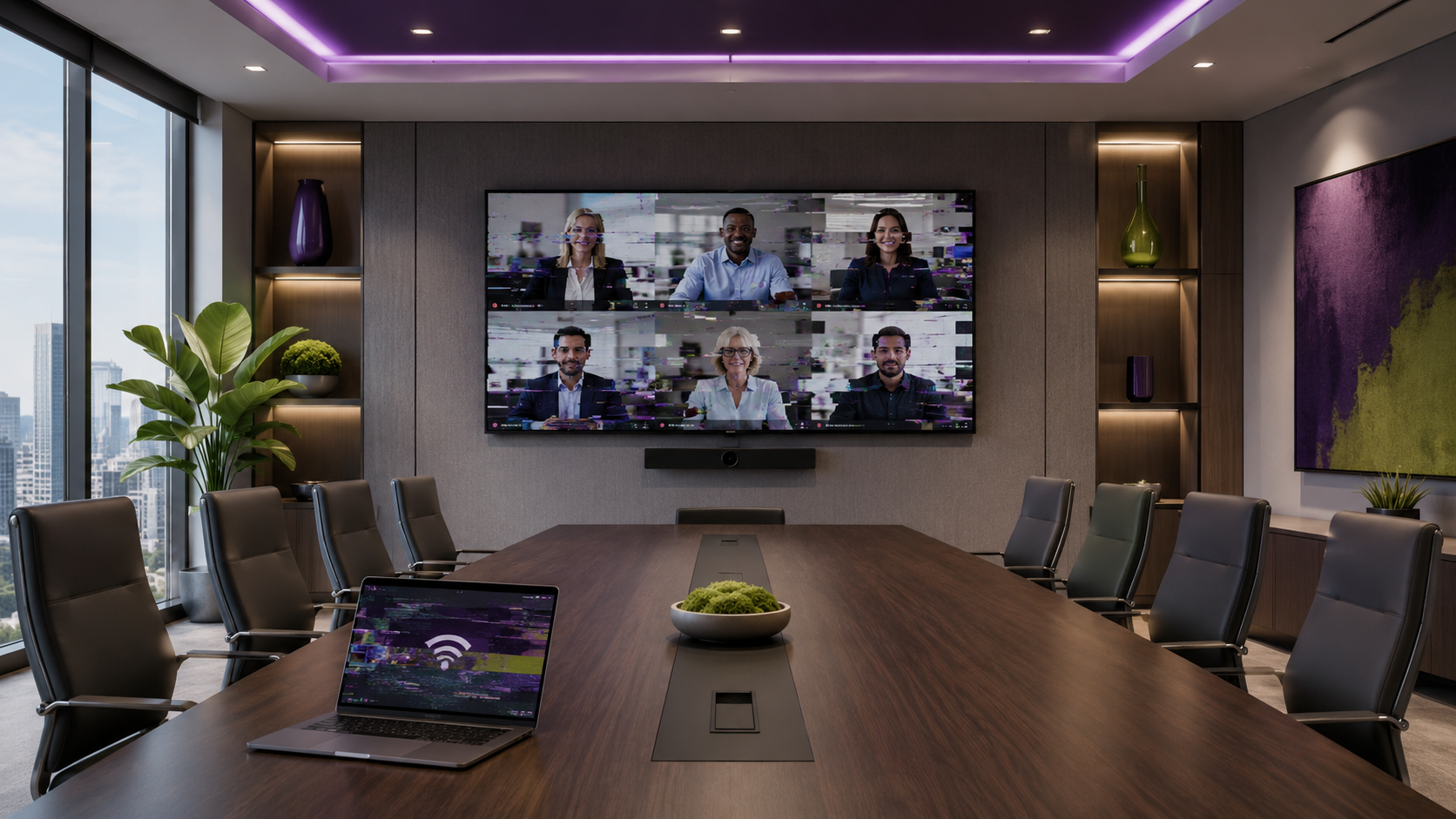 Modern conference room with a glitchy video conference display showing signs the AV system needs an upgrade